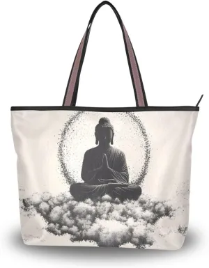 Womens Tote Bags Oriental Statue Print Reusable Grocery Handbag Bags with Zipper Large Size