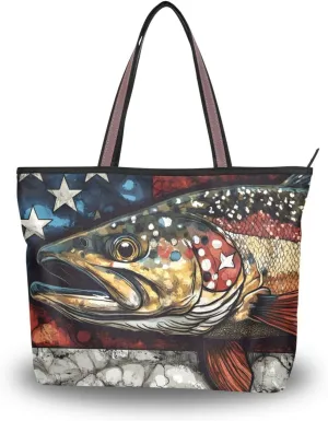 Womens Tote Bags Trout American Print Reusable Grocery Handbag Bags with Zipper Large Size