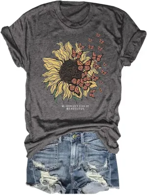 Women's Vintage Flowers Shirt Casual Boho Floral Printed T-Shirt Sunflower Wildflowers Graphic Tees Tops for Girl