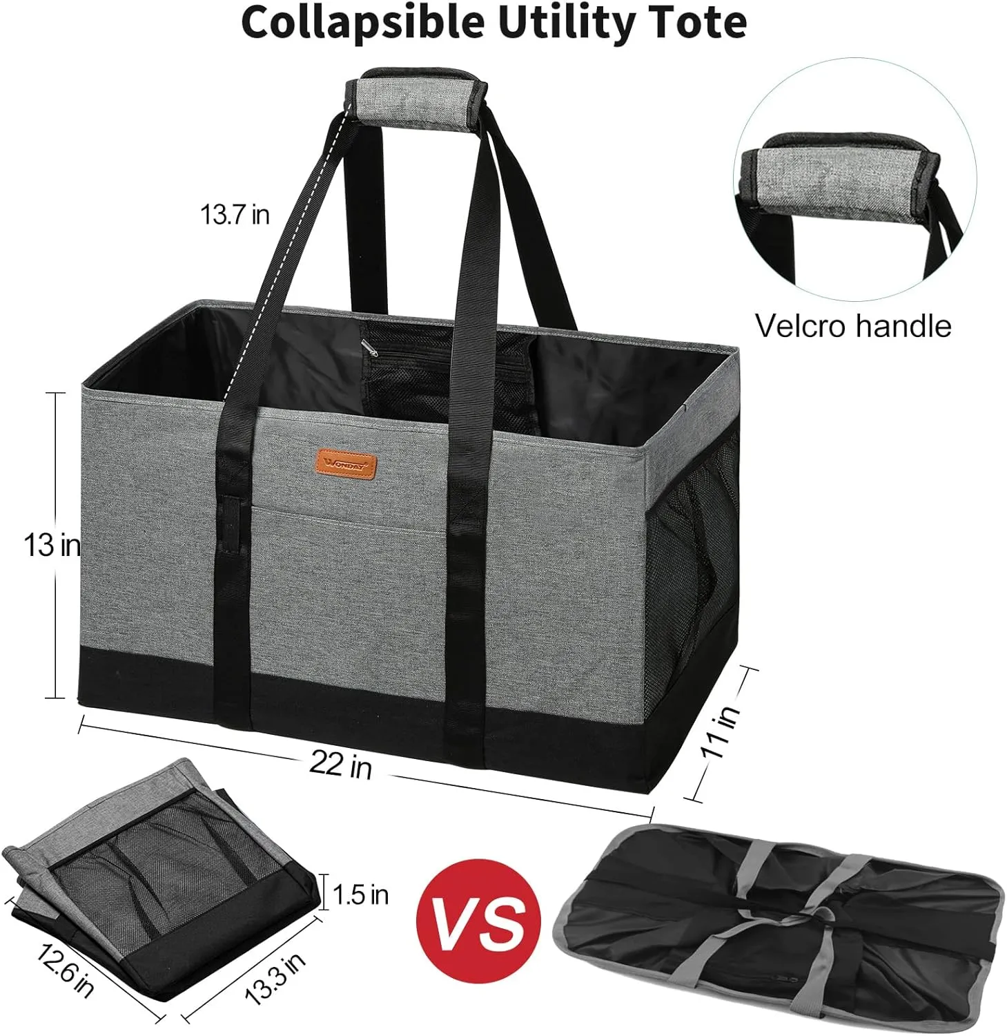 WONDAY Extra Large Foldable Grocery Tote Bag With Handles for Storage, Picnics, Beach, Pool, Laundry - Reusable Shopping Bag (Grey)