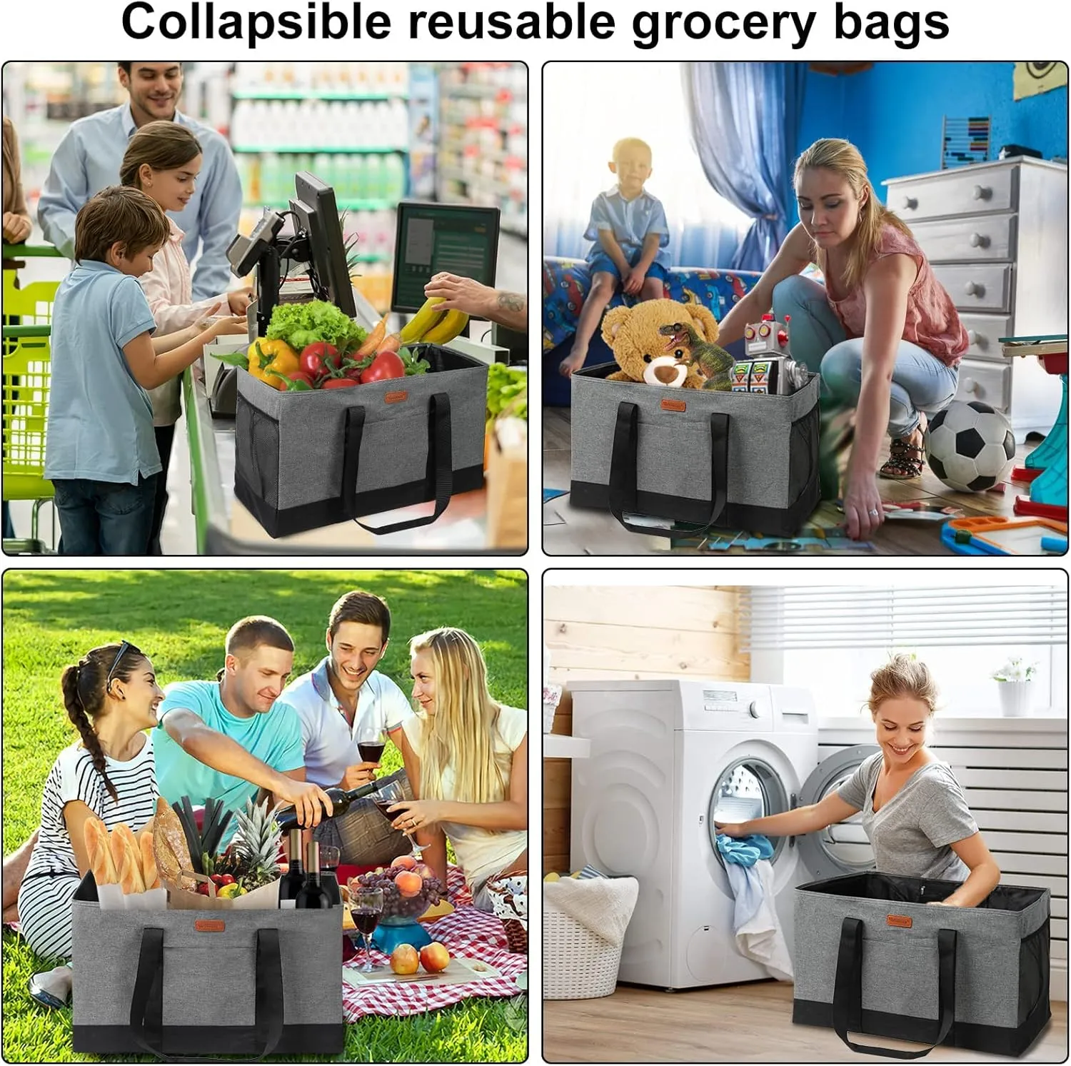 WONDAY Extra Large Foldable Grocery Tote Bag With Handles for Storage, Picnics, Beach, Pool, Laundry - Reusable Shopping Bag (Grey)