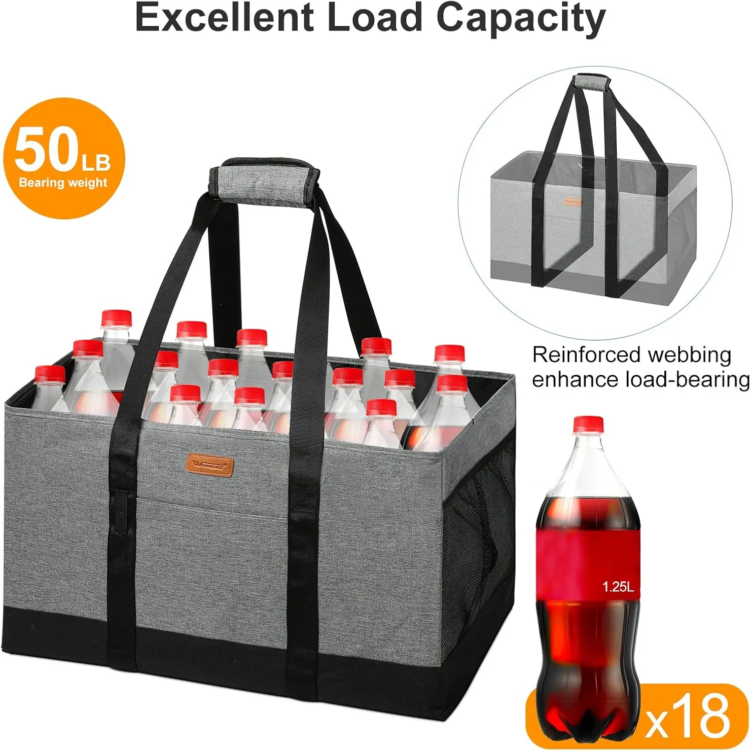 WONDAY Extra Large Foldable Grocery Tote Bag With Handles for Storage, Picnics, Beach, Pool, Laundry - Reusable Shopping Bag (Grey)