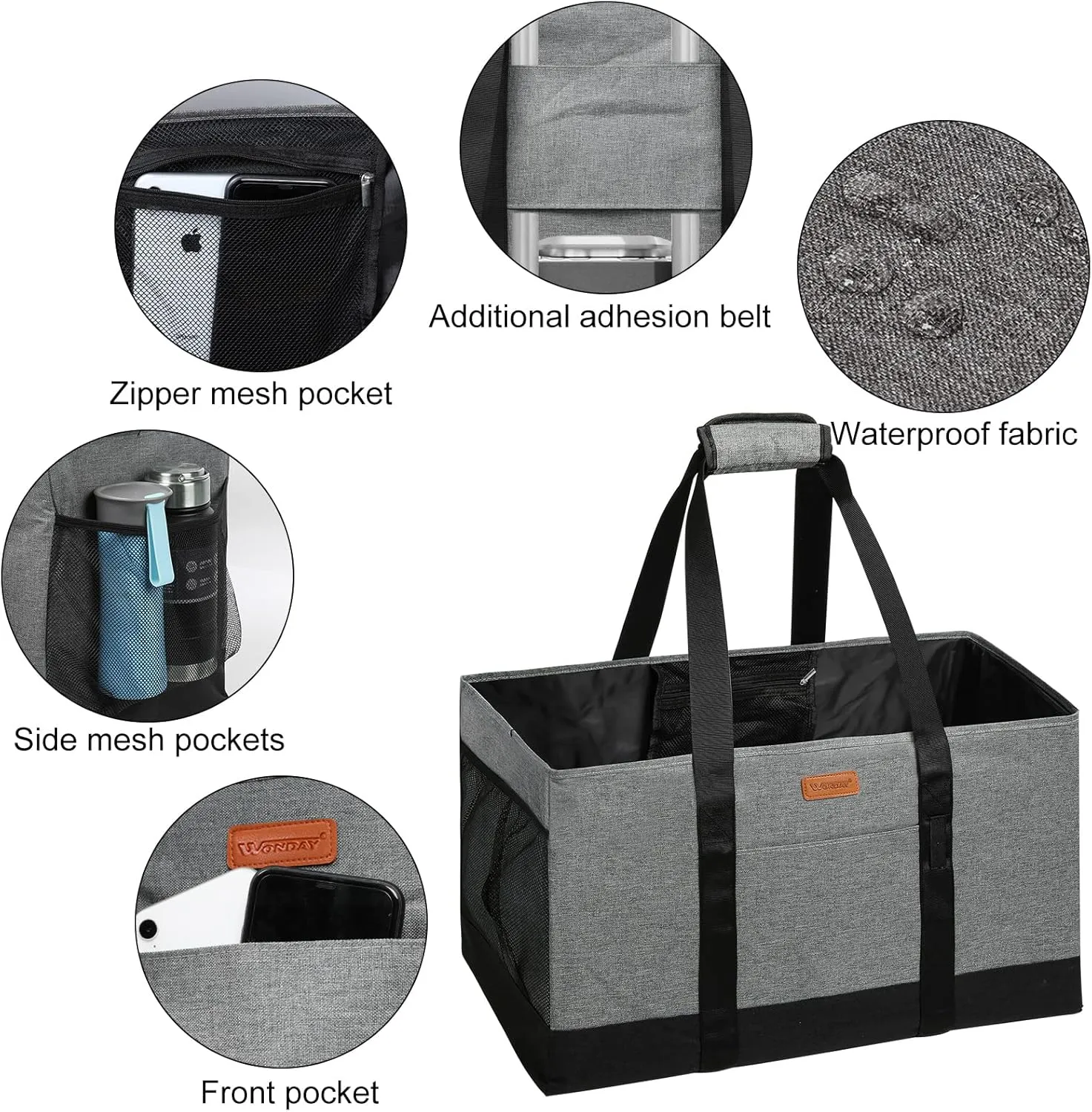 WONDAY Extra Large Foldable Grocery Tote Bag With Handles for Storage, Picnics, Beach, Pool, Laundry - Reusable Shopping Bag (Grey)