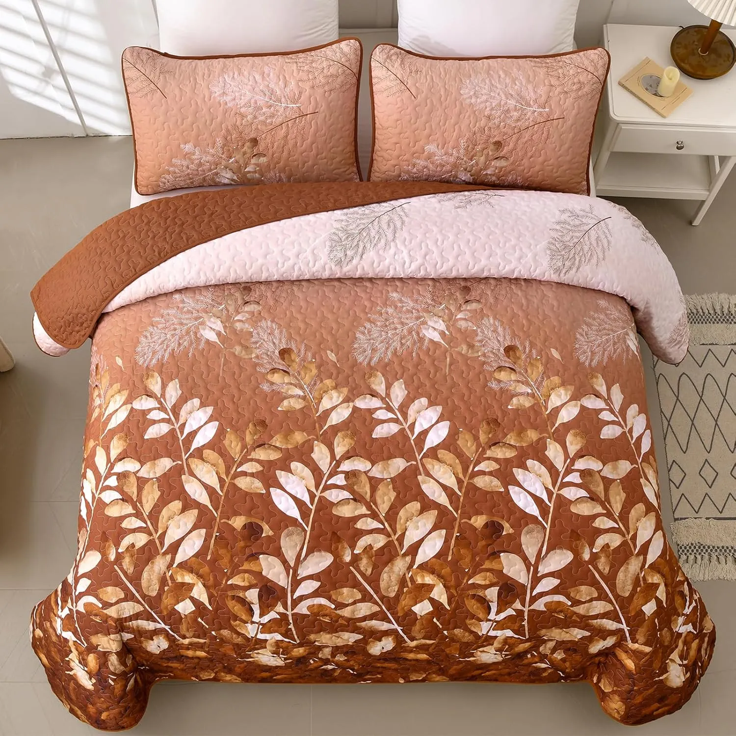 WONGS BEDDING Fall Burnt Orange Quilt Set Queen,Floral Botanical Leaves Printed Bedspread Coverlet Set with 2 Pillowcases,Microfiber Flower Bedding Set for All Season 96"x90"