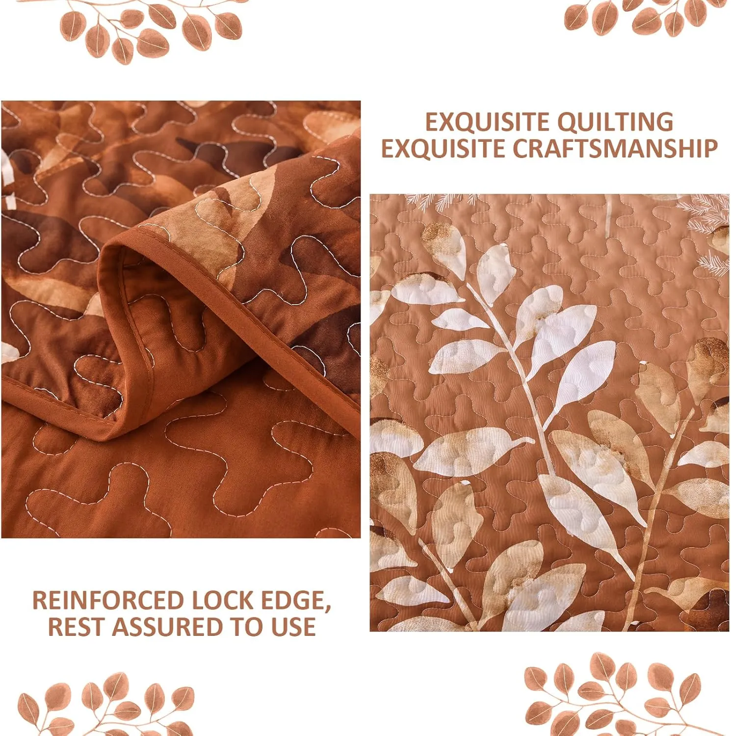 WONGS BEDDING Fall Burnt Orange Quilt Set Queen,Floral Botanical Leaves Printed Bedspread Coverlet Set with 2 Pillowcases,Microfiber Flower Bedding Set for All Season 96"x90"