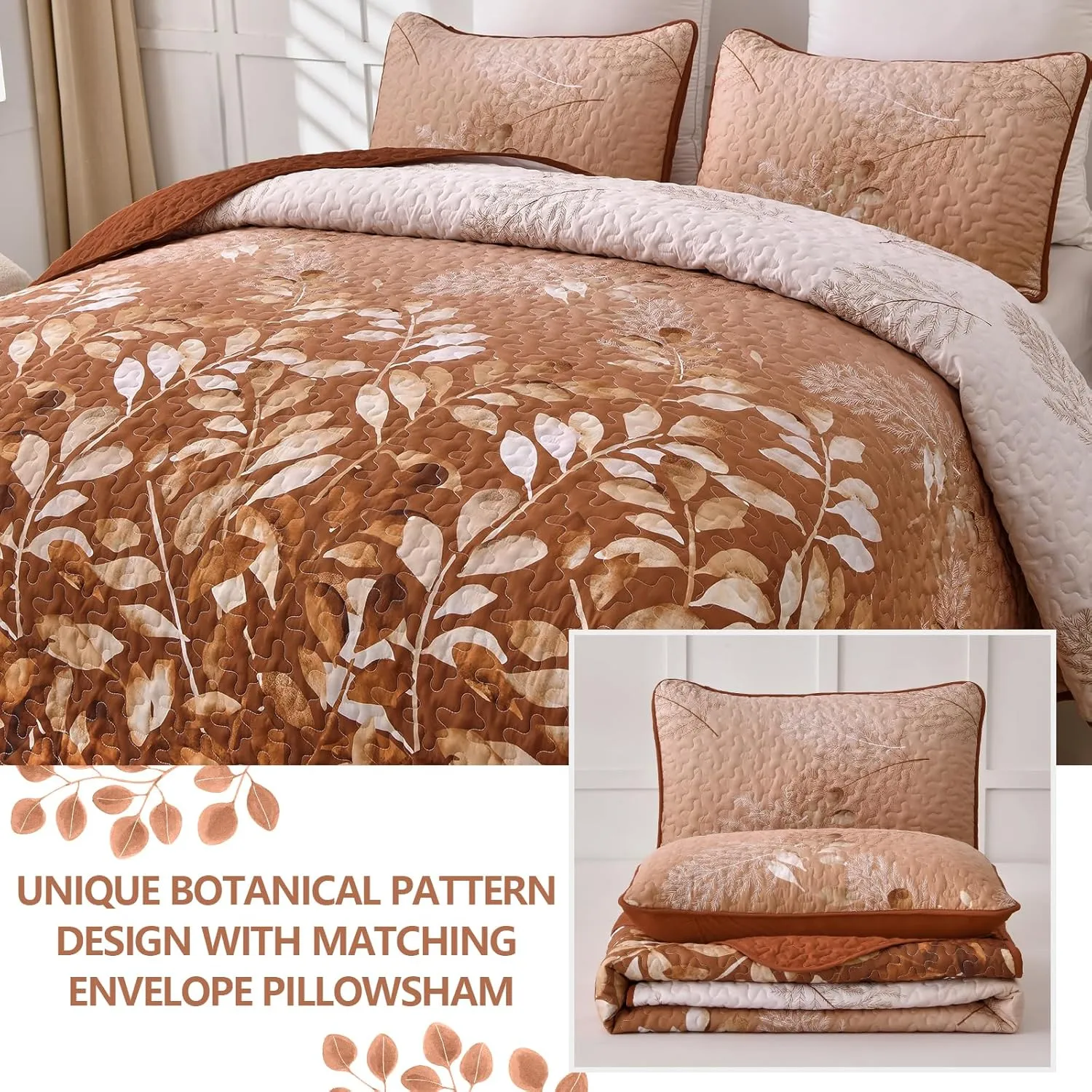 WONGS BEDDING Fall Burnt Orange Quilt Set Queen,Floral Botanical Leaves Printed Bedspread Coverlet Set with 2 Pillowcases,Microfiber Flower Bedding Set for All Season 96"x90"
