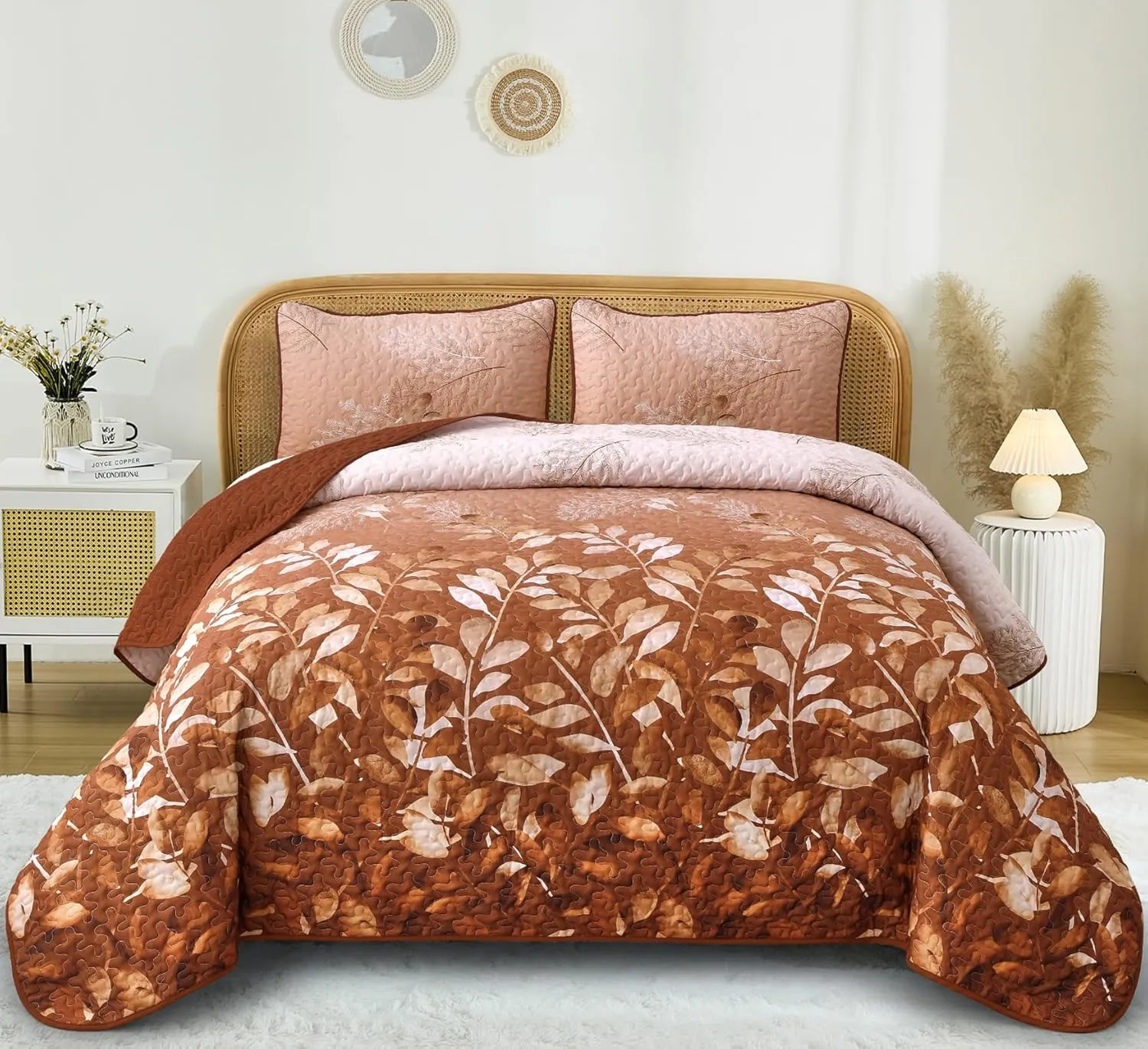 WONGS BEDDING Fall Burnt Orange Quilt Set Queen,Floral Botanical Leaves Printed Bedspread Coverlet Set with 2 Pillowcases,Microfiber Flower Bedding Set for All Season 96"x90"