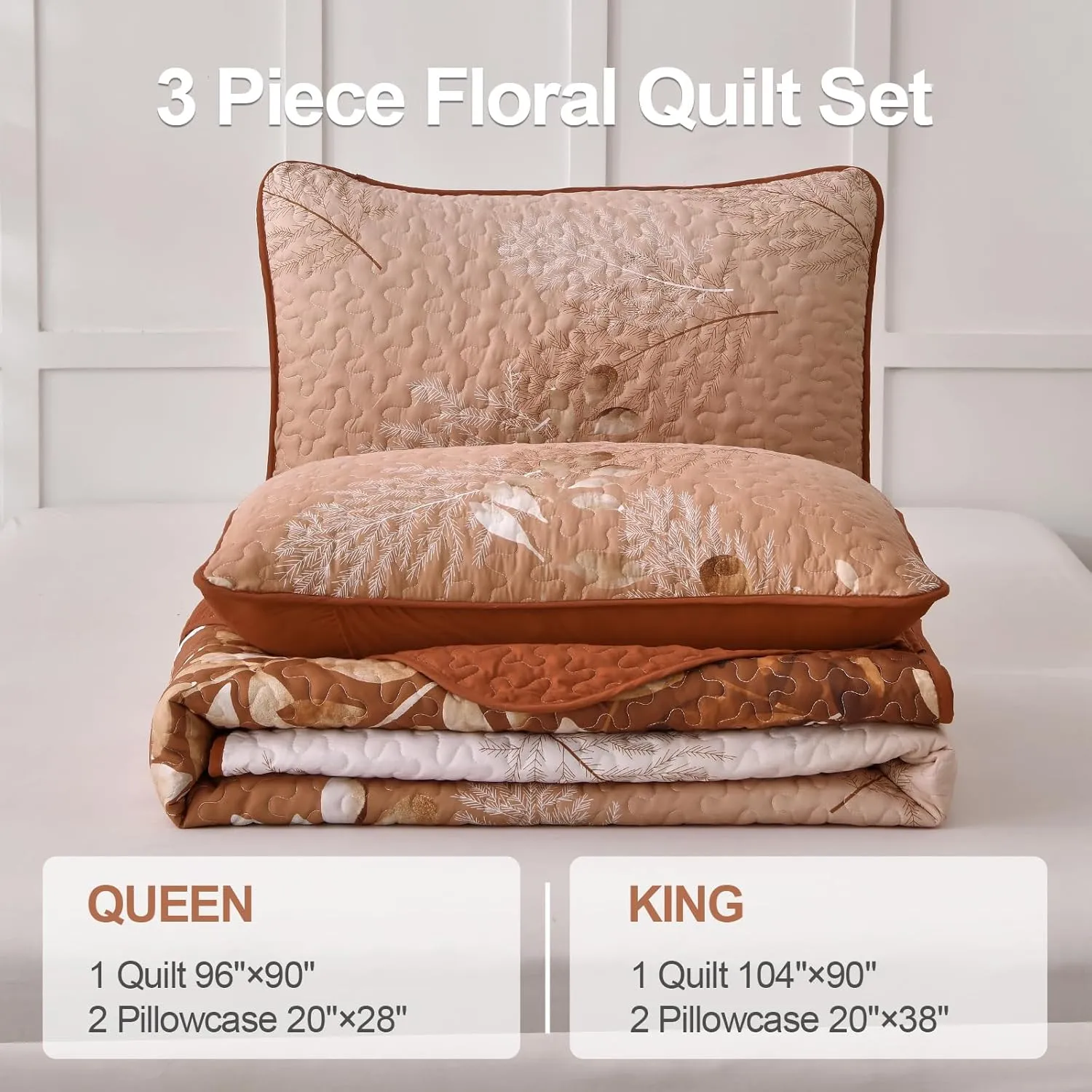 WONGS BEDDING Fall Burnt Orange Quilt Set Queen,Floral Botanical Leaves Printed Bedspread Coverlet Set with 2 Pillowcases,Microfiber Flower Bedding Set for All Season 96"x90"