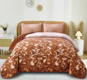 WONGS BEDDING Fall Burnt Orange Quilt Set Queen,Floral Botanical Leaves Printed Bedspread Coverlet Set with 2 Pillowcases,Microfiber Flower Bedding Set for All Season 96"x90"