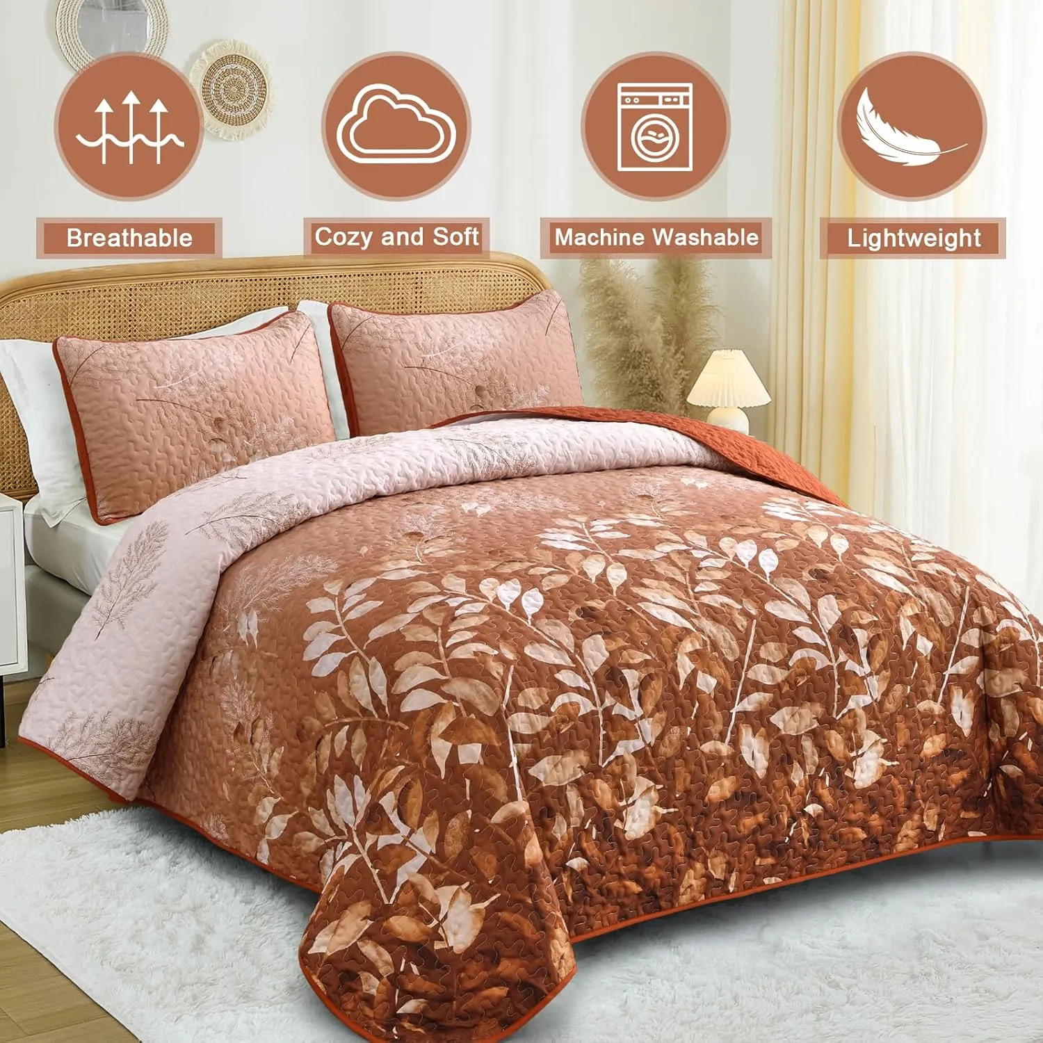 WONGS BEDDING Fall Burnt Orange Quilt Set Queen,Floral Botanical Leaves Printed Bedspread Coverlet Set with 2 Pillowcases,Microfiber Flower Bedding Set for All Season 96"x90"