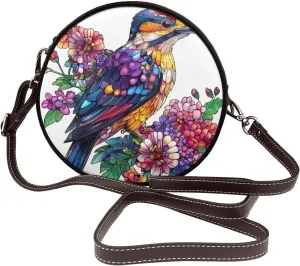 Woodpecker Bird With Flowers Women Round Crossbody Bags Leather Sling Bag Purse
