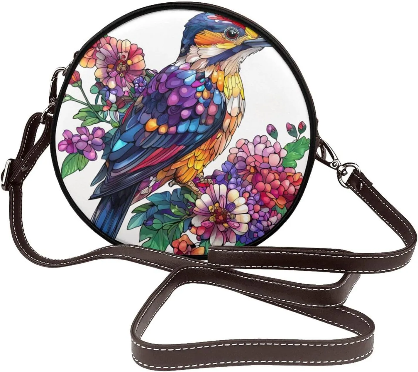 Woodpecker Bird With Flowers Women Round Crossbody Bags Leather Sling Bag Purse