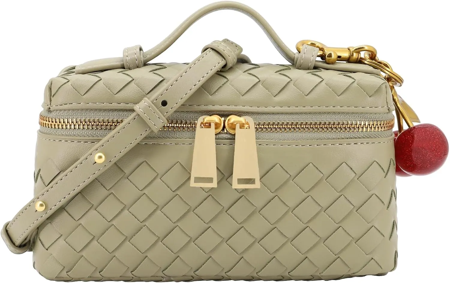 Woven Crossbody Bags for Women Trendy Clutch Purse Bag Small Top Handle Leather Handbag with Cherry Charm