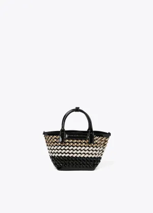 Woven faux patent mini tote bag
