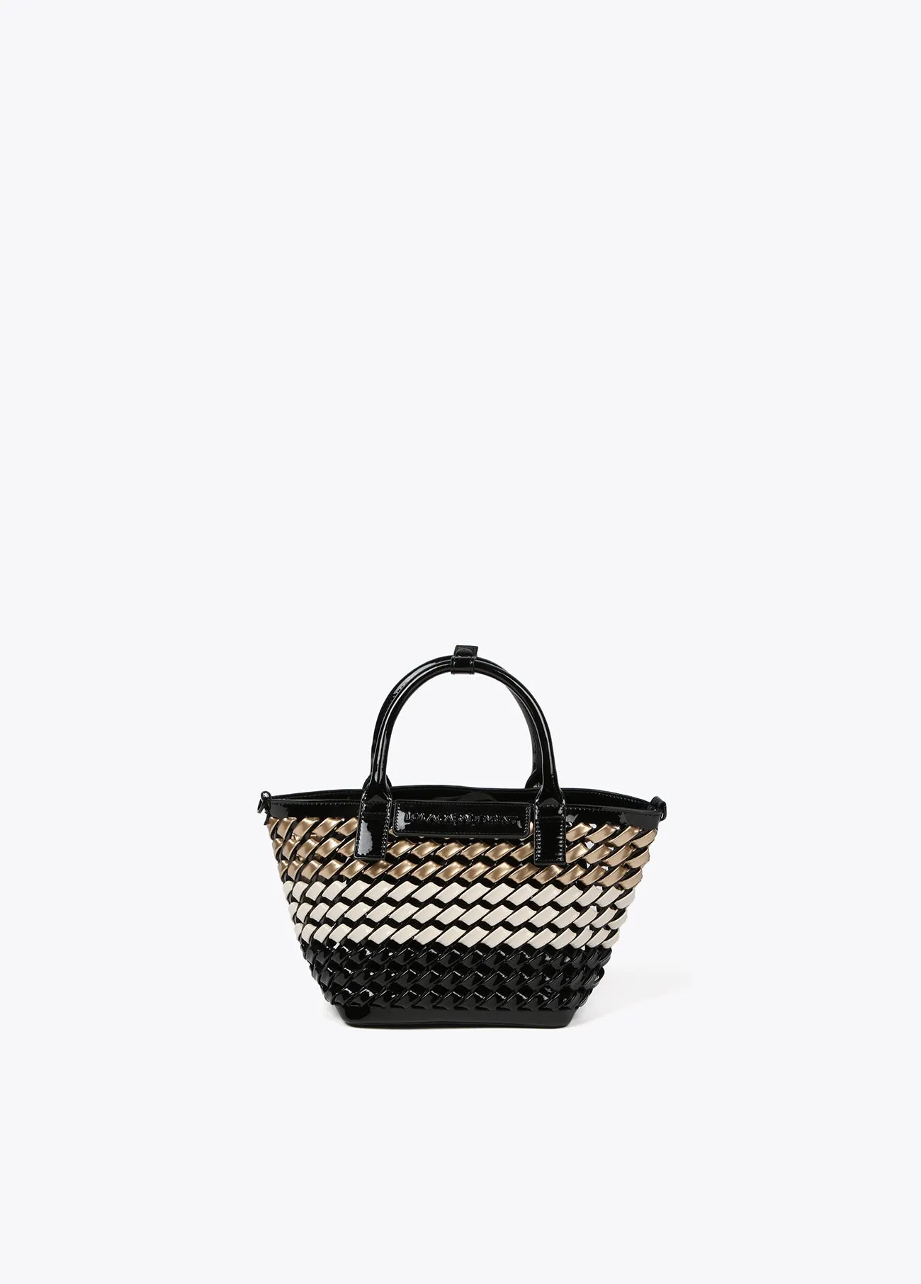 Woven faux patent mini tote bag