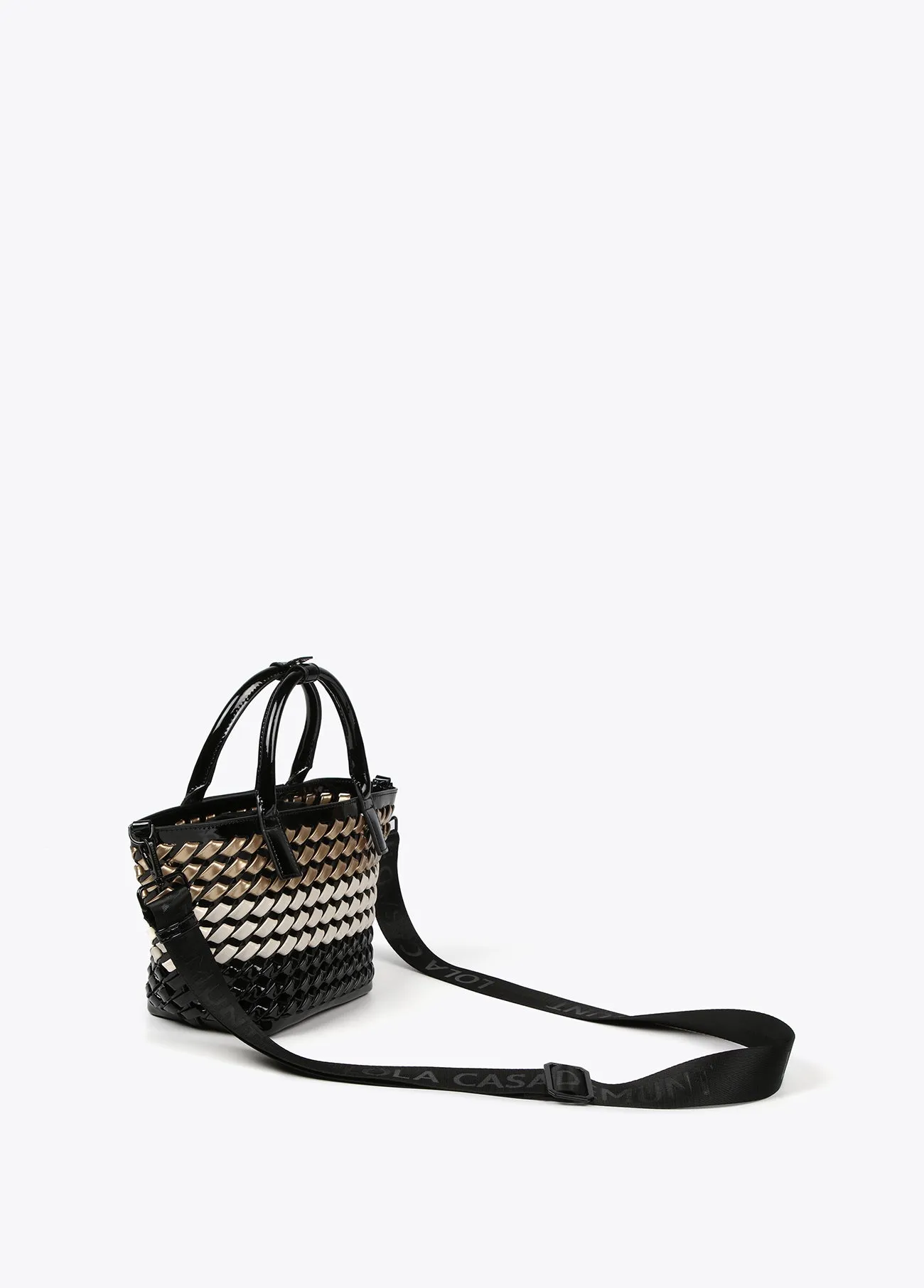 Woven faux patent mini tote bag
