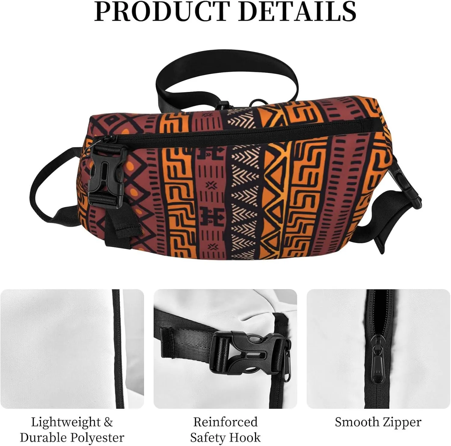 WURTON African Mud Cloth Tribal Print Crossbody Backpack Cross Pack Lightweight Sling Bag Travel, Hiking