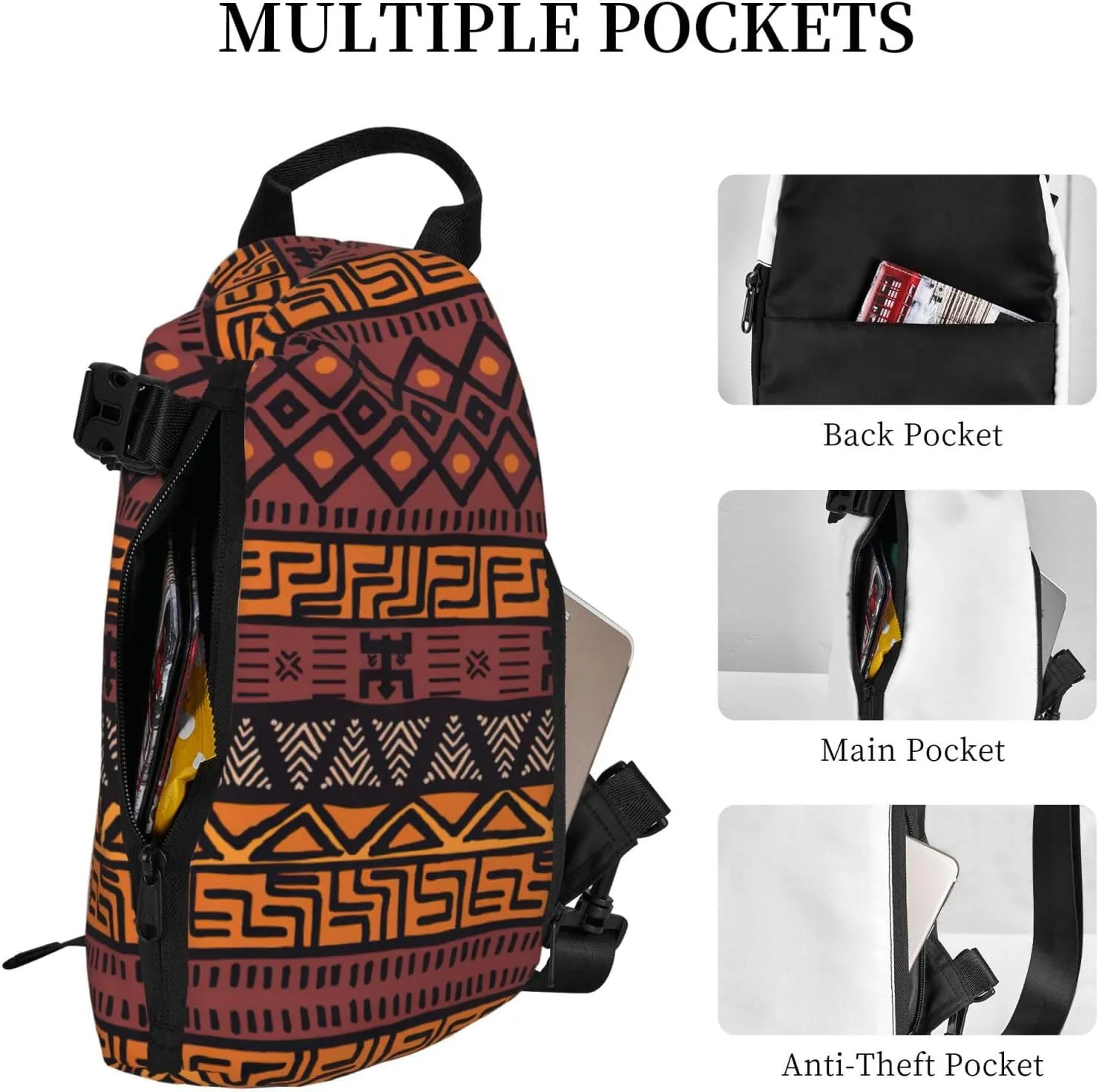 WURTON African Mud Cloth Tribal Print Crossbody Backpack Cross Pack Lightweight Sling Bag Travel, Hiking