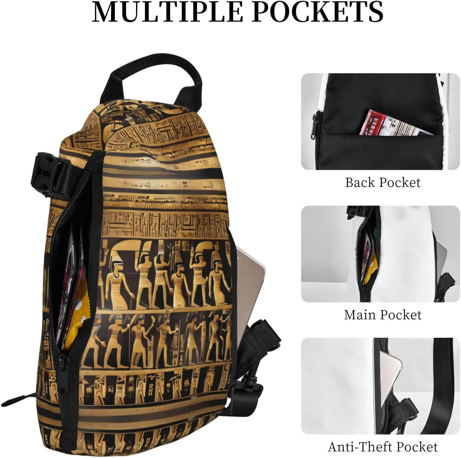 WURTON Egypts Hieroglyphics Print Crossbody Backpack Cross Pack Lightweight Sling Bag Travel, Hiking