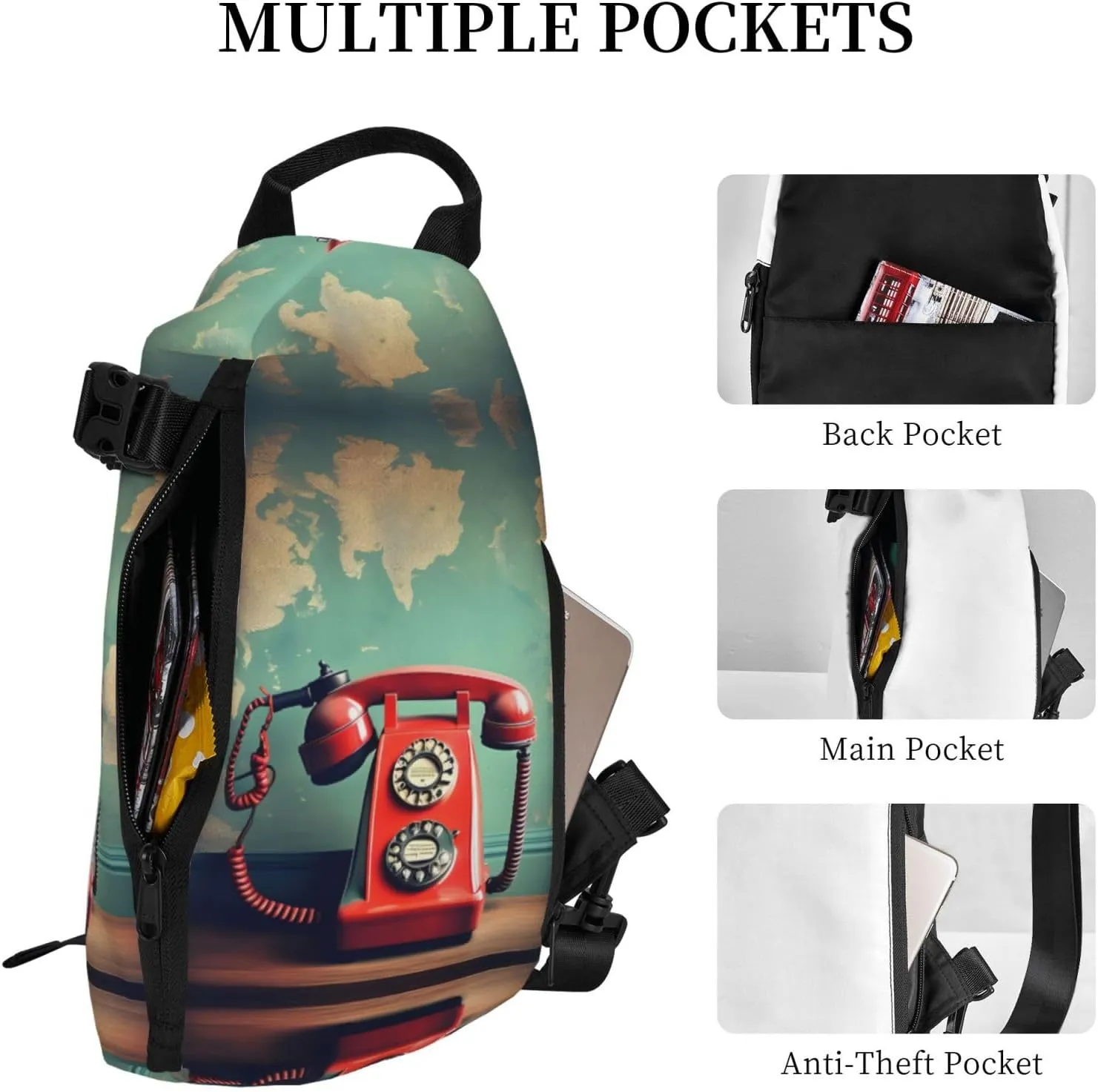 WURTON England Uk Retro London Telephone Print Crossbody Backpack Cross Pack Lightweight Sling Bag Travel, Hiking