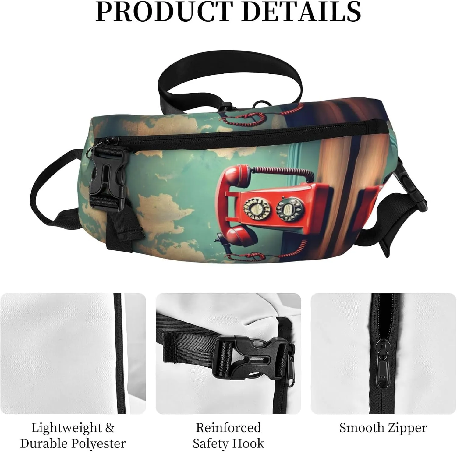 WURTON England Uk Retro London Telephone Print Crossbody Backpack Cross Pack Lightweight Sling Bag Travel, Hiking