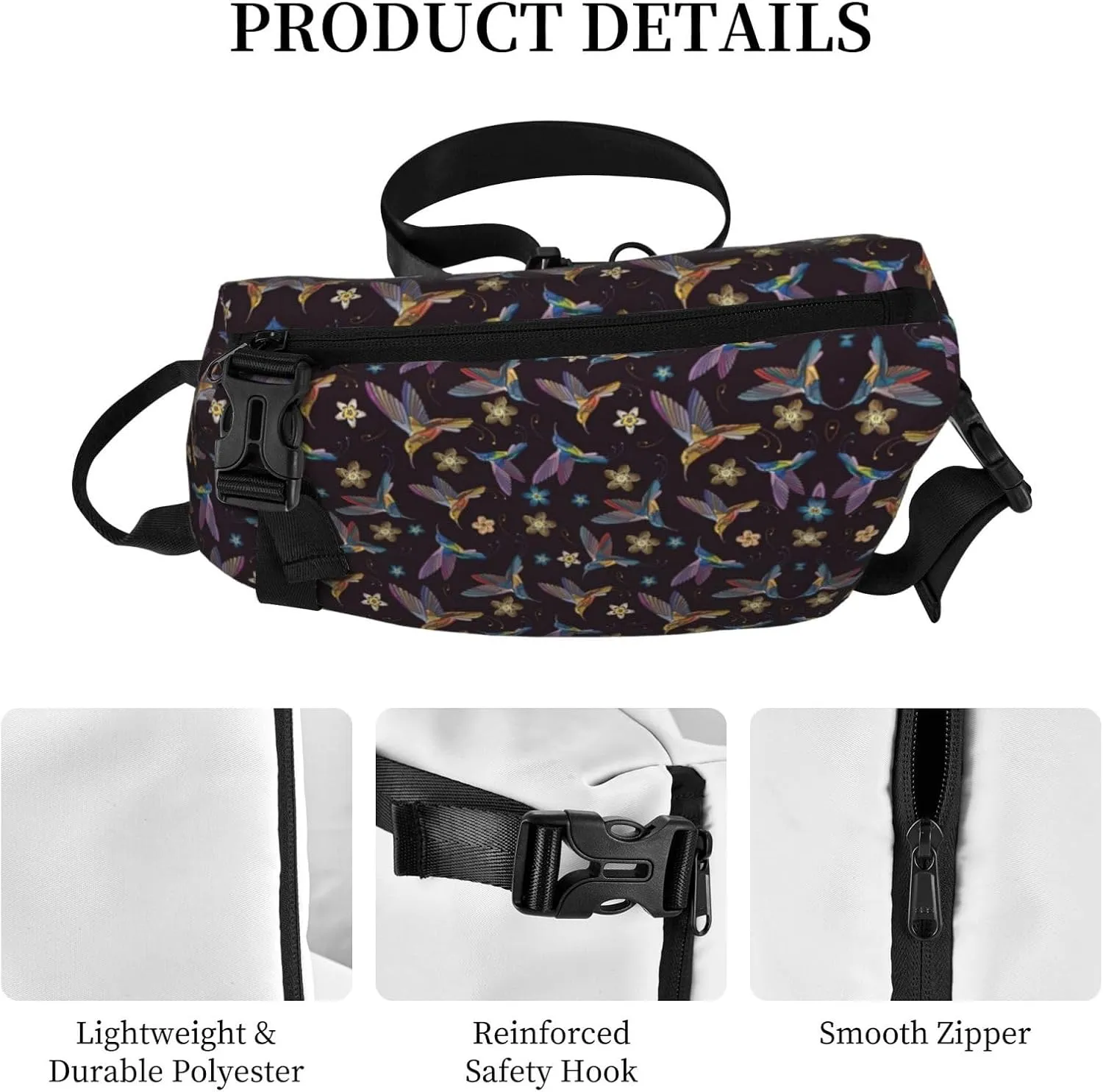 WURTON Flower Hummingbirds Embroidery Print Crossbody Backpack Cross Pack Lightweight Sling Bag Travel, Hiking