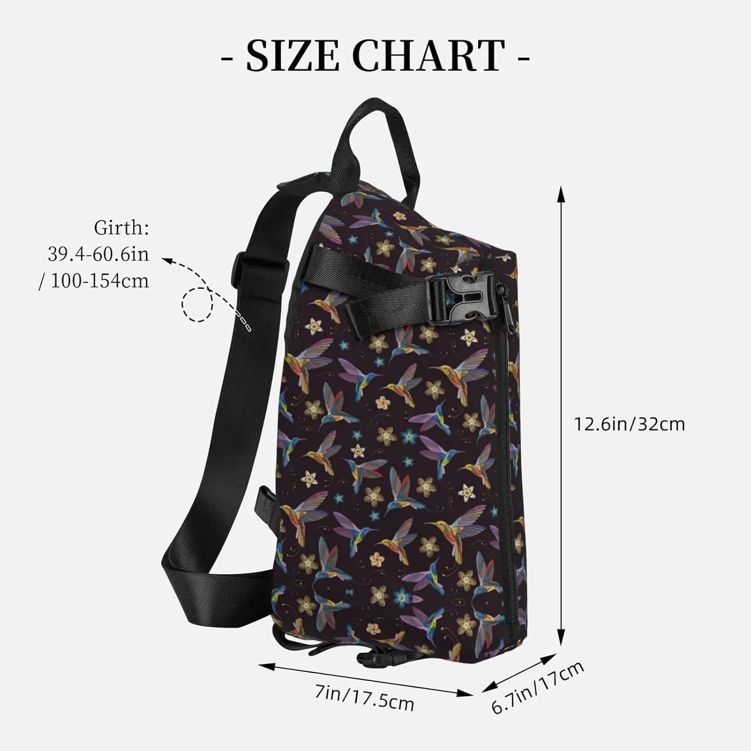 WURTON Flower Hummingbirds Embroidery Print Crossbody Backpack Cross Pack Lightweight Sling Bag Travel, Hiking