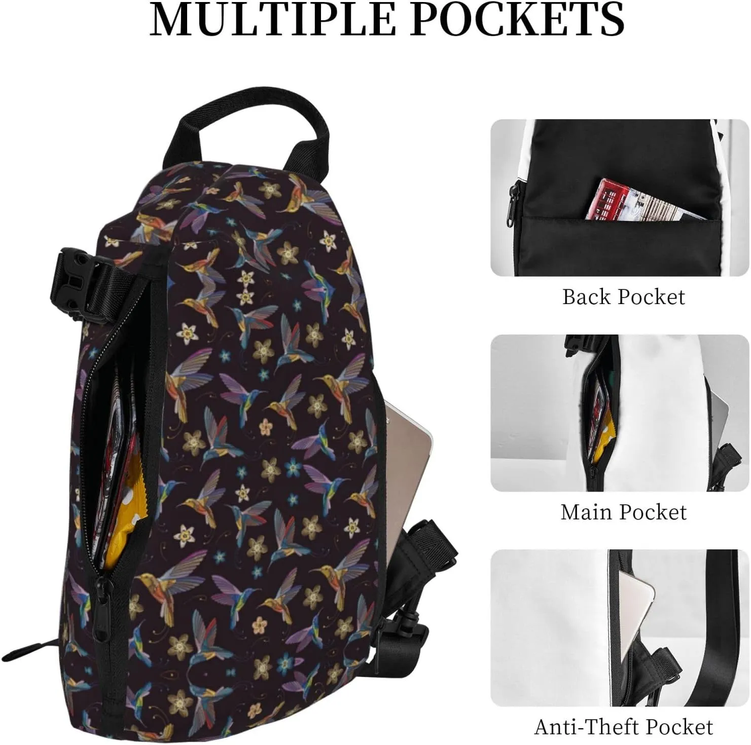 WURTON Flower Hummingbirds Embroidery Print Crossbody Backpack Cross Pack Lightweight Sling Bag Travel, Hiking