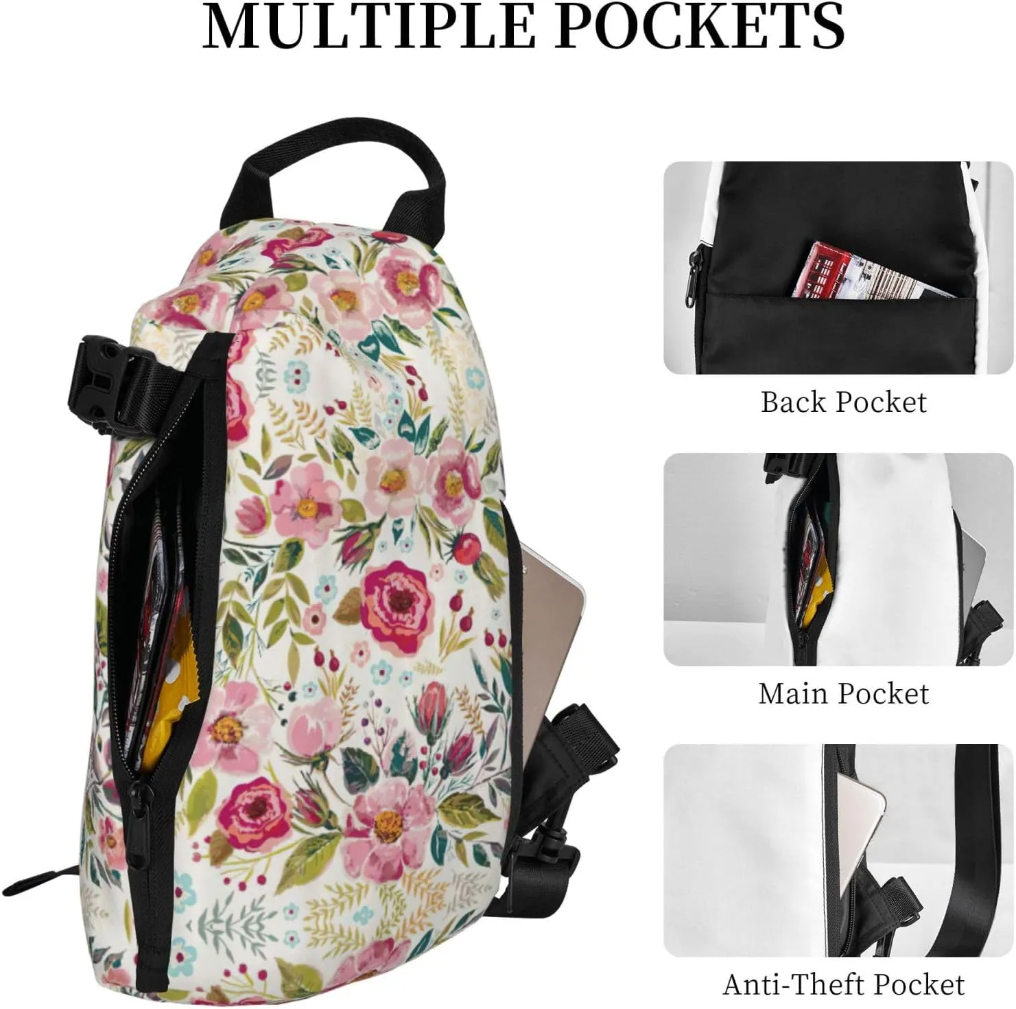 WURTON Flower Leaf Print Crossbody Backpack Cross Pack Lightweight Sling Bag Travel, Hiking