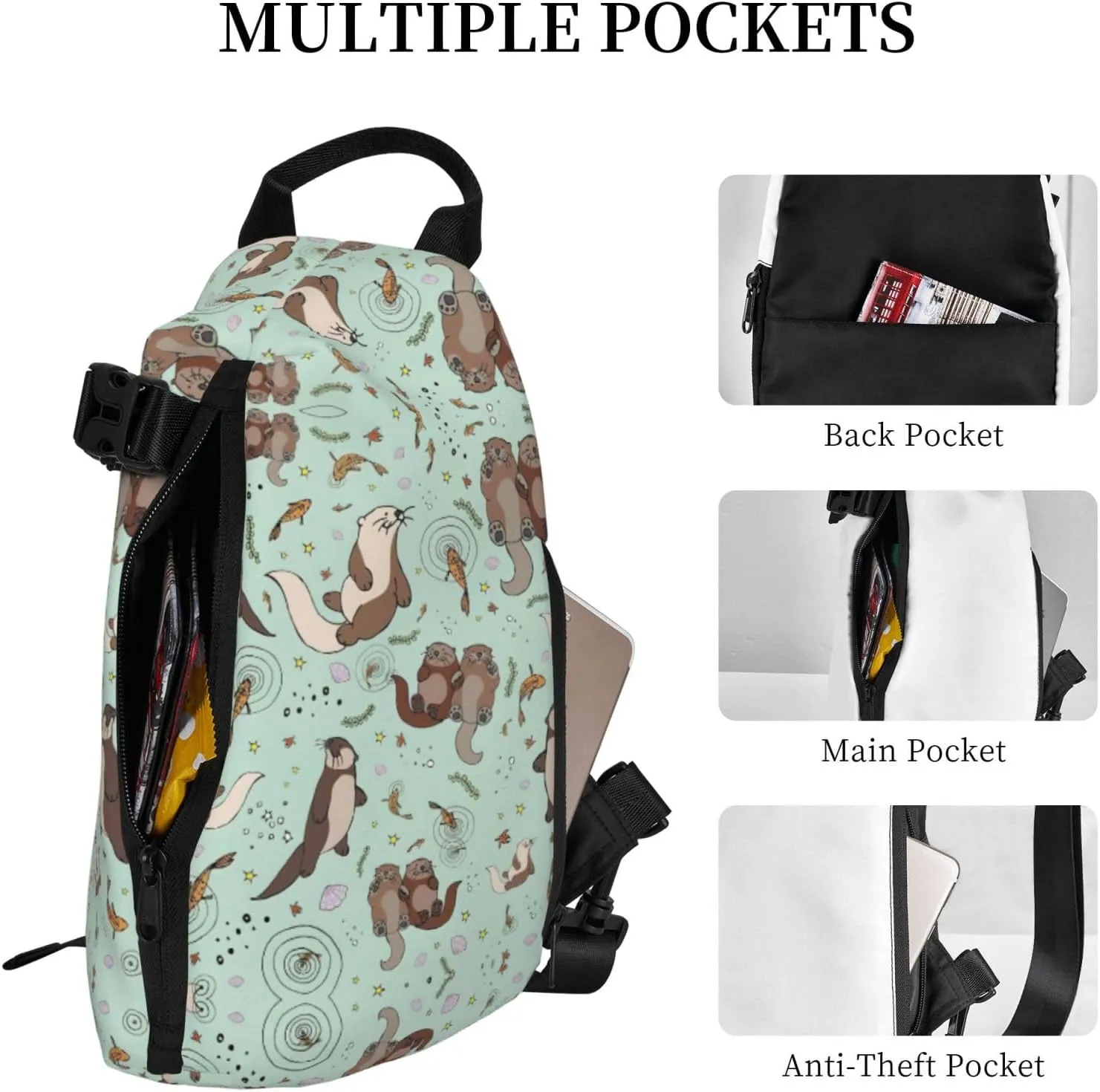 WURTON Otters Print Crossbody Backpack Cross Pack Lightweight Sling Bag Travel, Hiking