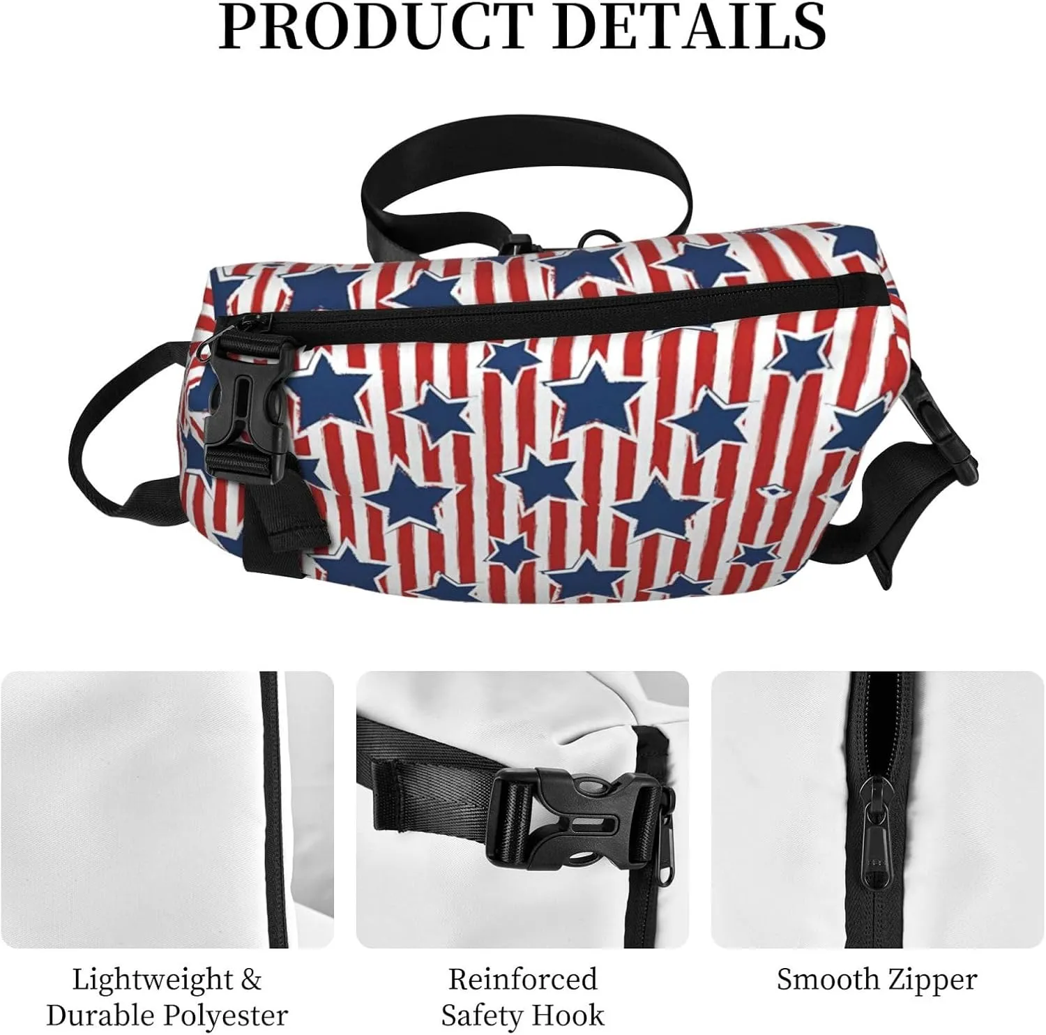 WURTON Red White Star Stripe Flag Print Crossbody Backpack Cross Pack Lightweight Sling Bag Travel, Hiking