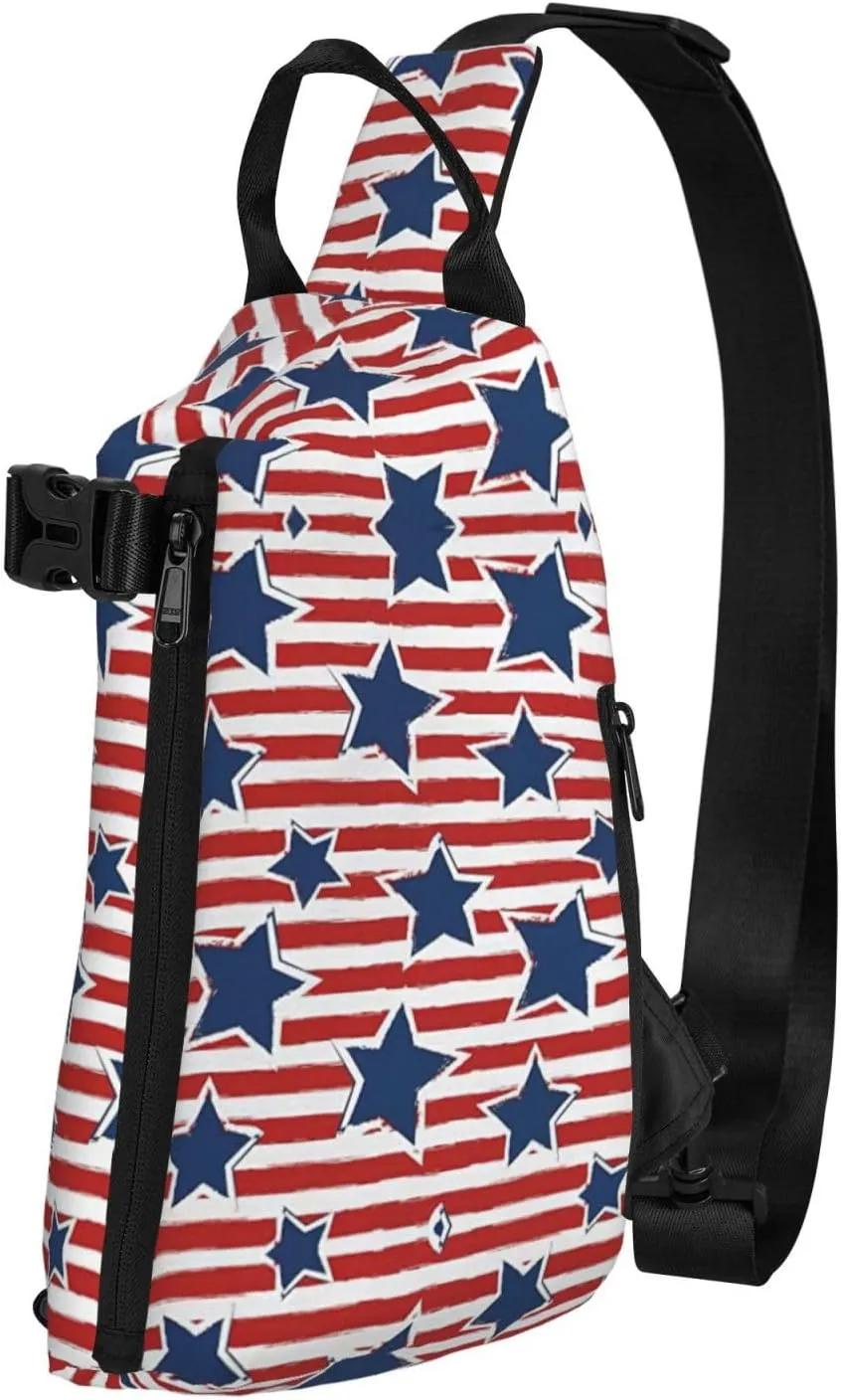 WURTON Red White Star Stripe Flag Print Crossbody Backpack Cross Pack Lightweight Sling Bag Travel, Hiking