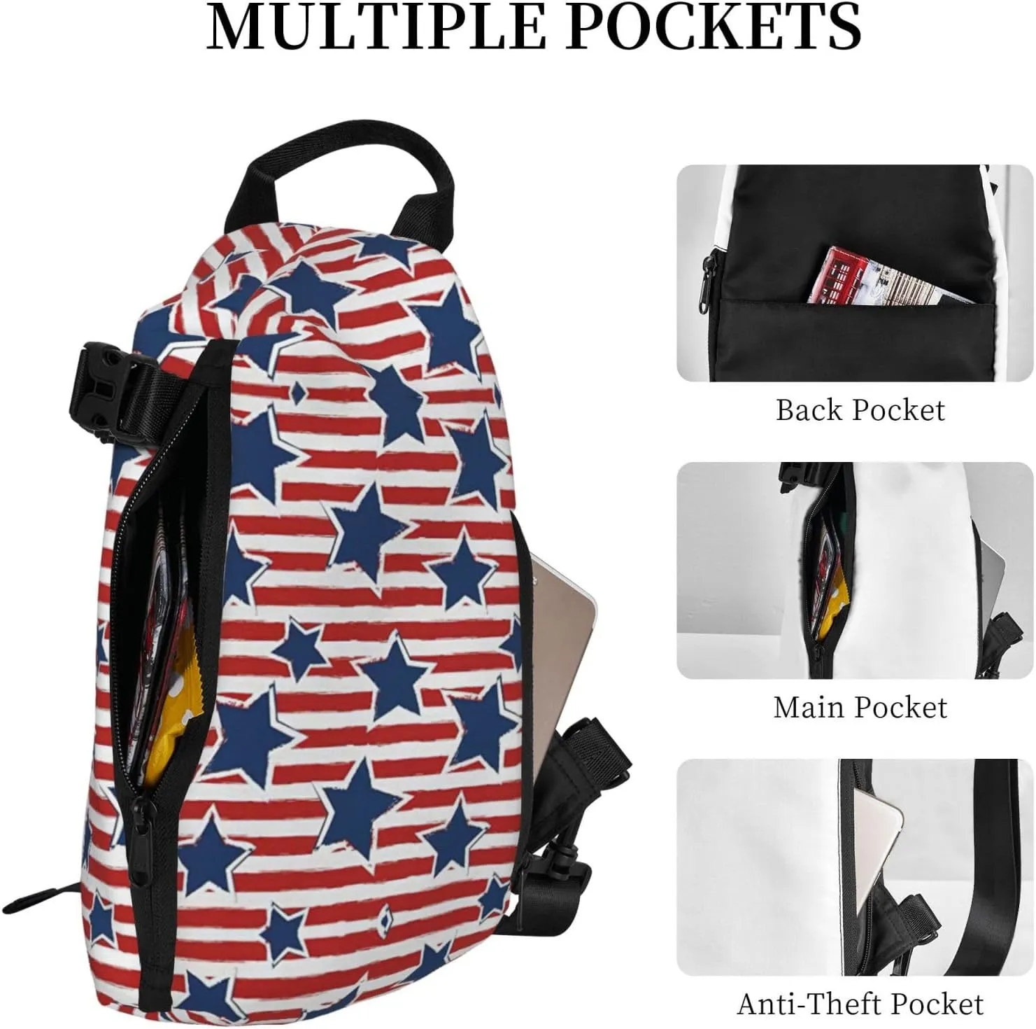 WURTON Red White Star Stripe Flag Print Crossbody Backpack Cross Pack Lightweight Sling Bag Travel, Hiking
