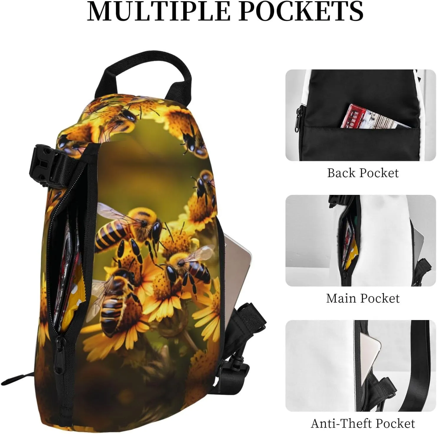 WURTON Rural Honey Bees Flowers Print Crossbody Backpack Cross Pack Lightweight Sling Bag Travel, Hiking