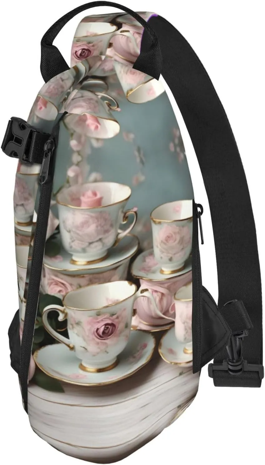 WURTON Tea Cups With Roses Romantic Print Crossbody Backpack Cross Pack Lightweight Sling Bag Travel, Hiking
