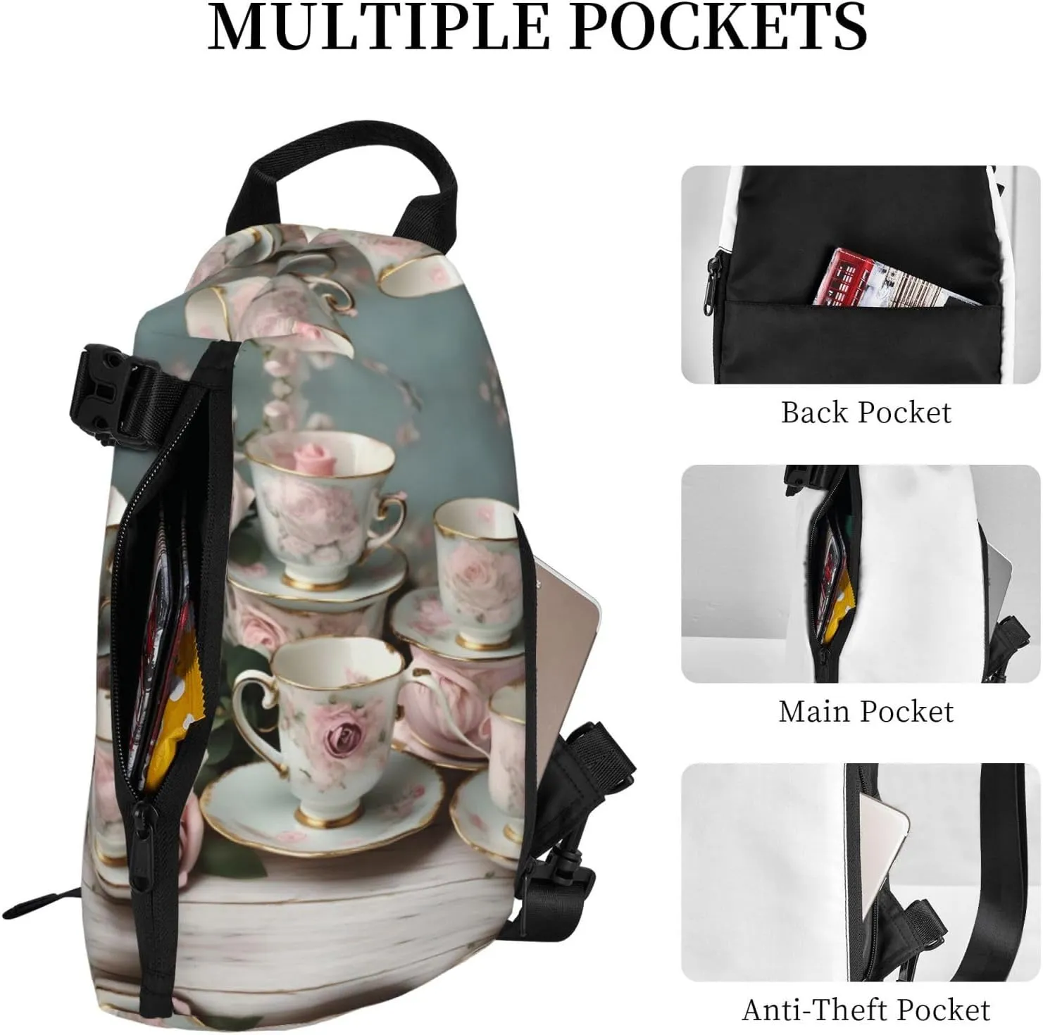 WURTON Tea Cups With Roses Romantic Print Crossbody Backpack Cross Pack Lightweight Sling Bag Travel, Hiking