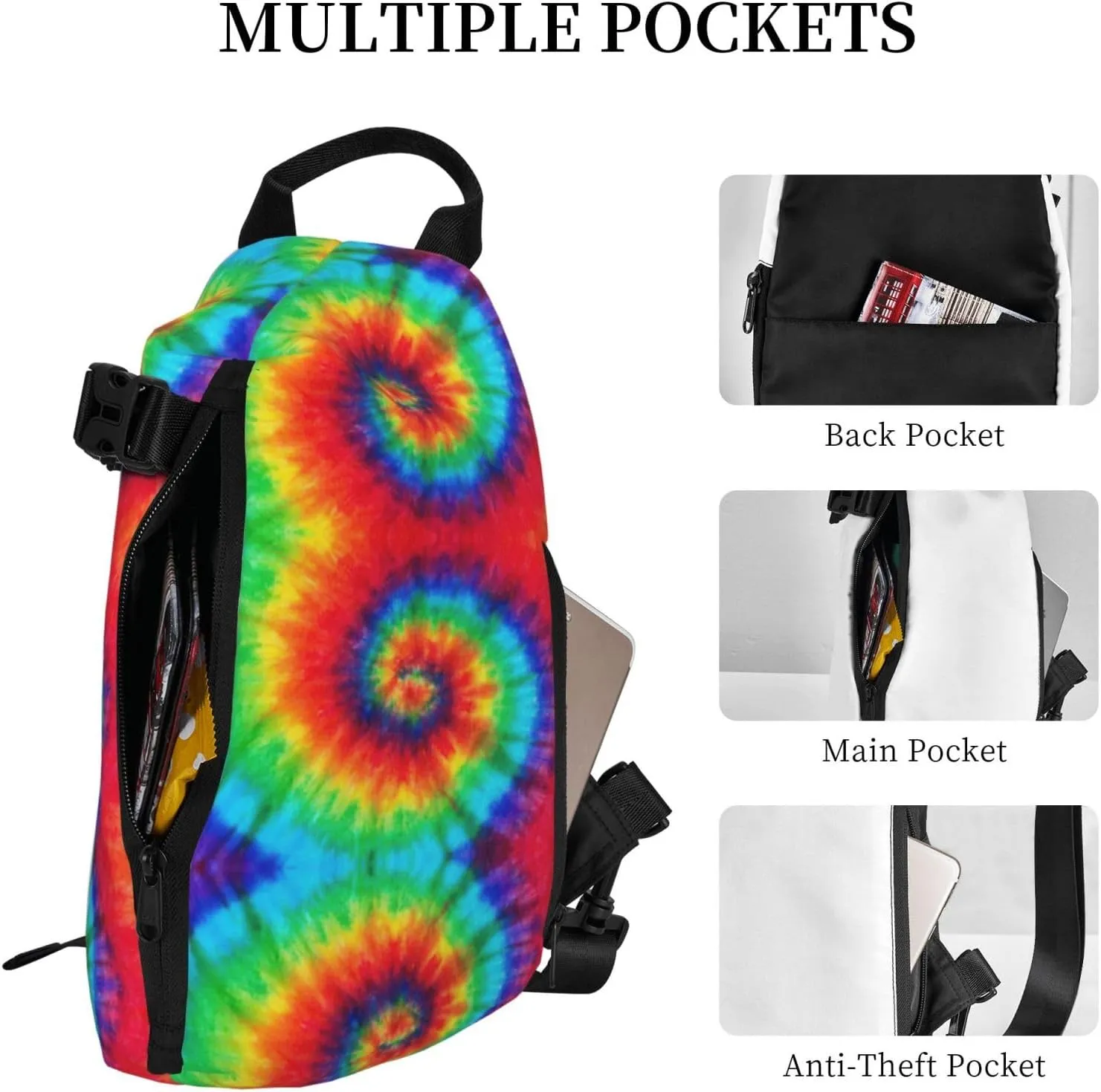WURTON Tie Dye Hippies Print Crossbody Backpack Cross Pack Lightweight Sling Bag Travel, Hiking