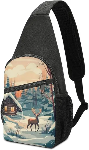 Xmas Deer Cabin Small Sling Bag Crossbody Bags Casual Chest Bag Daypack for Travel Sports Hiking