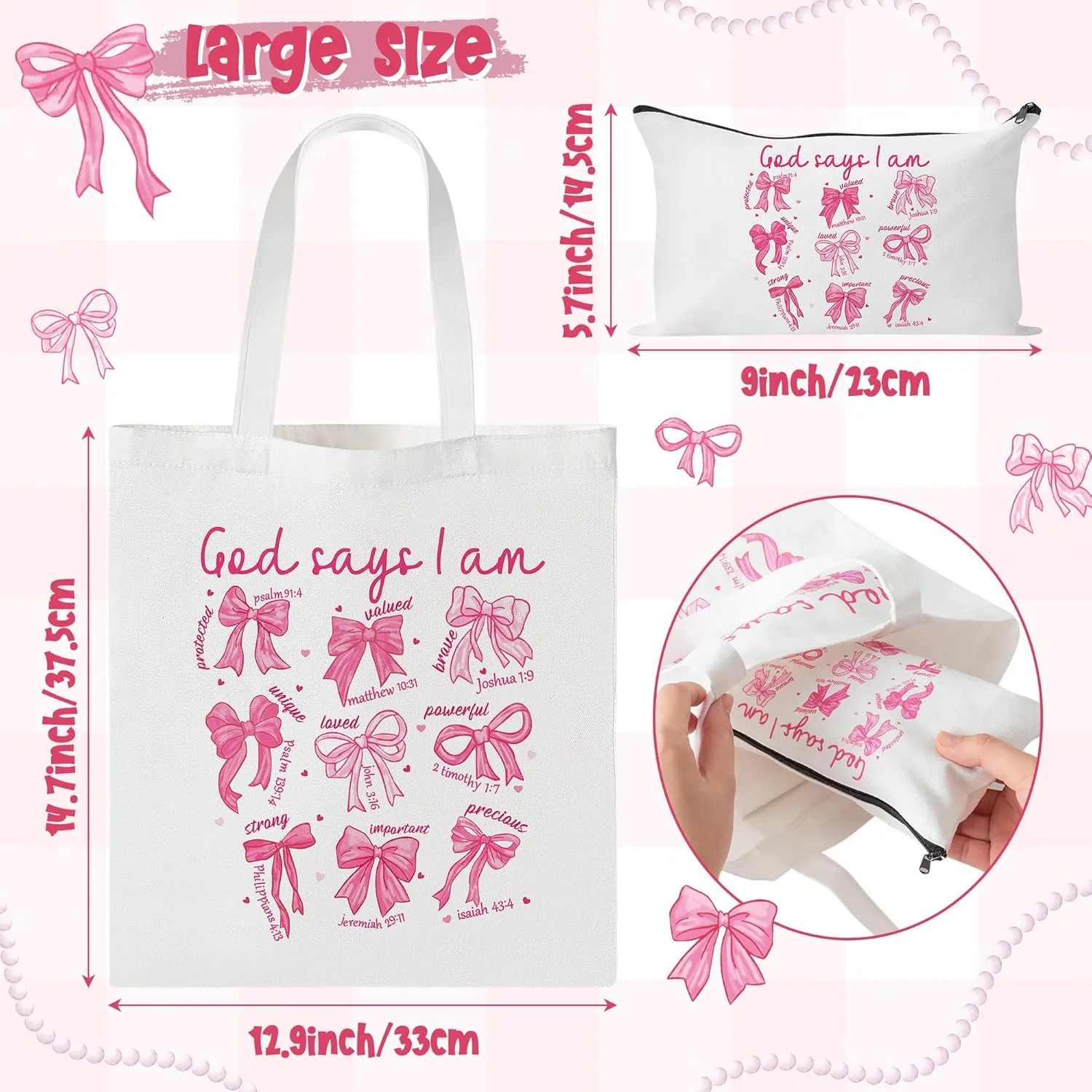 Y1tvei Bow Christian Tote Bag - 2Pcs God Says I Am Coquette Pink Bow Canvas Makeup Bag Set, Aesthetic Bible Verse Tote Bags Grocery Folding Shopping Bags, Coquette Stuff Christian Gifts For Women