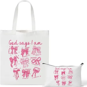 Y1tvei Bow Christian Tote Bag - 2Pcs God Says I Am Coquette Pink Bow Canvas Makeup Bag Set, Aesthetic Bible Verse Tote Bags Grocery Folding Shopping Bags, Coquette Stuff Christian Gifts For Women