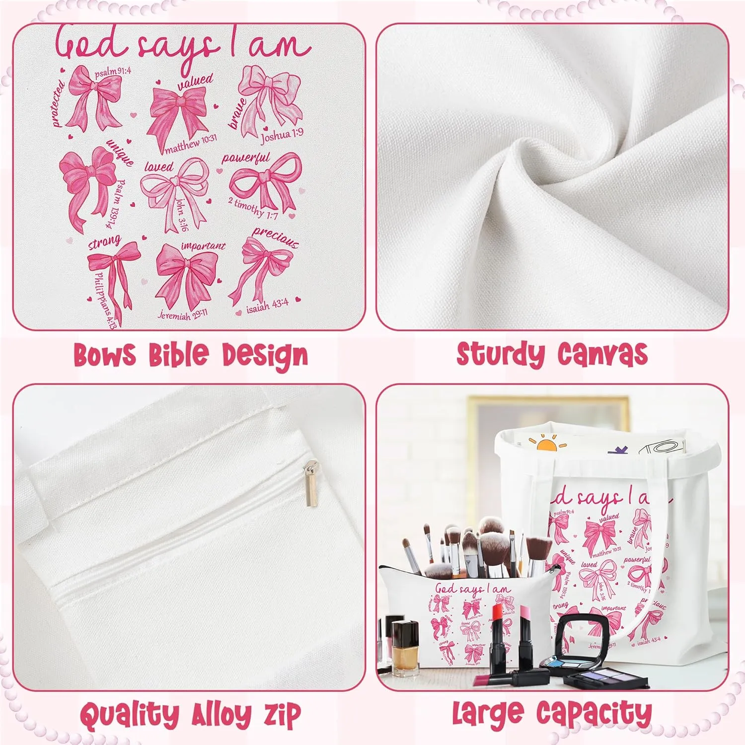 Y1tvei Bow Christian Tote Bag - 2Pcs God Says I Am Coquette Pink Bow Canvas Makeup Bag Set, Aesthetic Bible Verse Tote Bags Grocery Folding Shopping Bags, Coquette Stuff Christian Gifts For Women