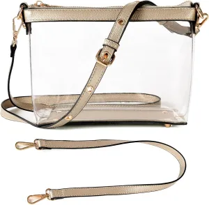 Y&R Direct 3-IN-1 Clear Zipper Crossbody Bag with Vegan Leather Trim Clear Purse for Stadium Festival Concert Gameday Gifts