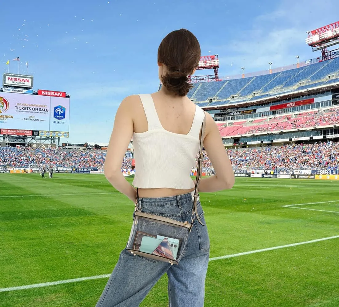 Y&R Direct 3-IN-1 Clear Zipper Crossbody Bag with Vegan Leather Trim Clear Purse for Stadium Festival Concert Gameday Gifts