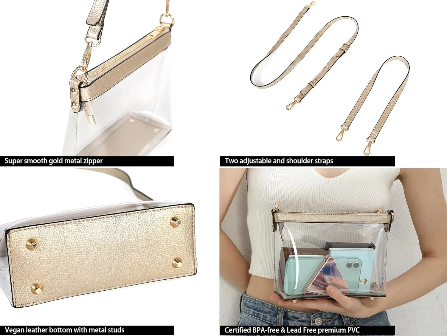 Y&R Direct 3-IN-1 Clear Zipper Crossbody Bag with Vegan Leather Trim Clear Purse for Stadium Festival Concert Gameday Gifts