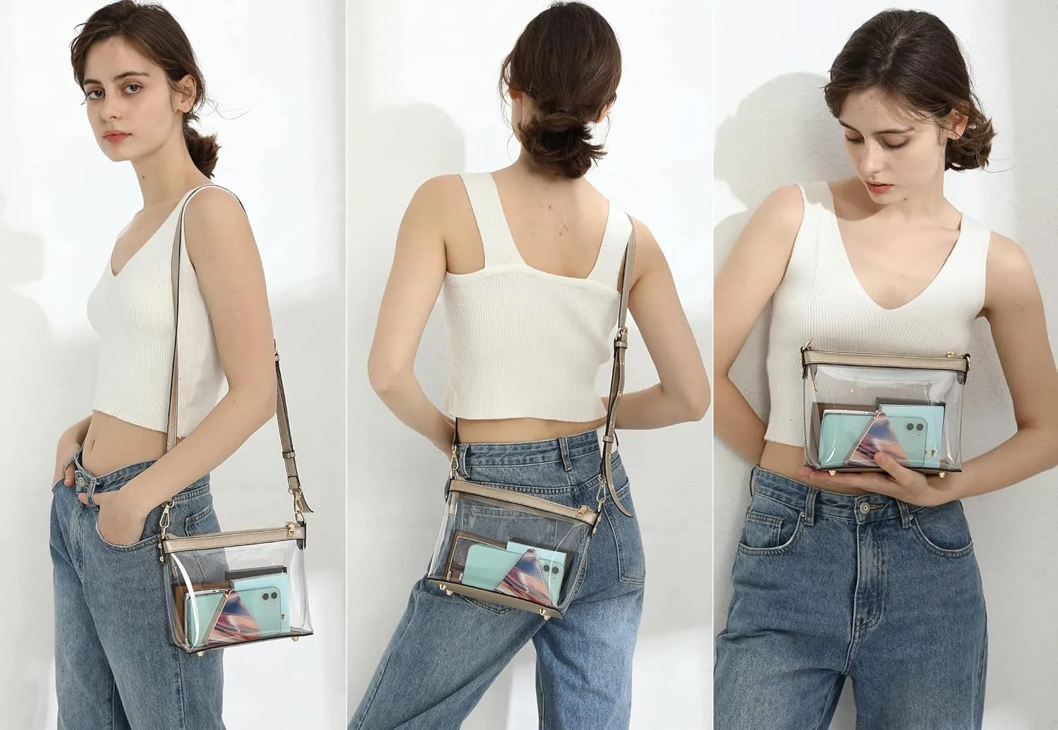Y&R Direct 3-IN-1 Clear Zipper Crossbody Bag with Vegan Leather Trim Clear Purse for Stadium Festival Concert Gameday Gifts