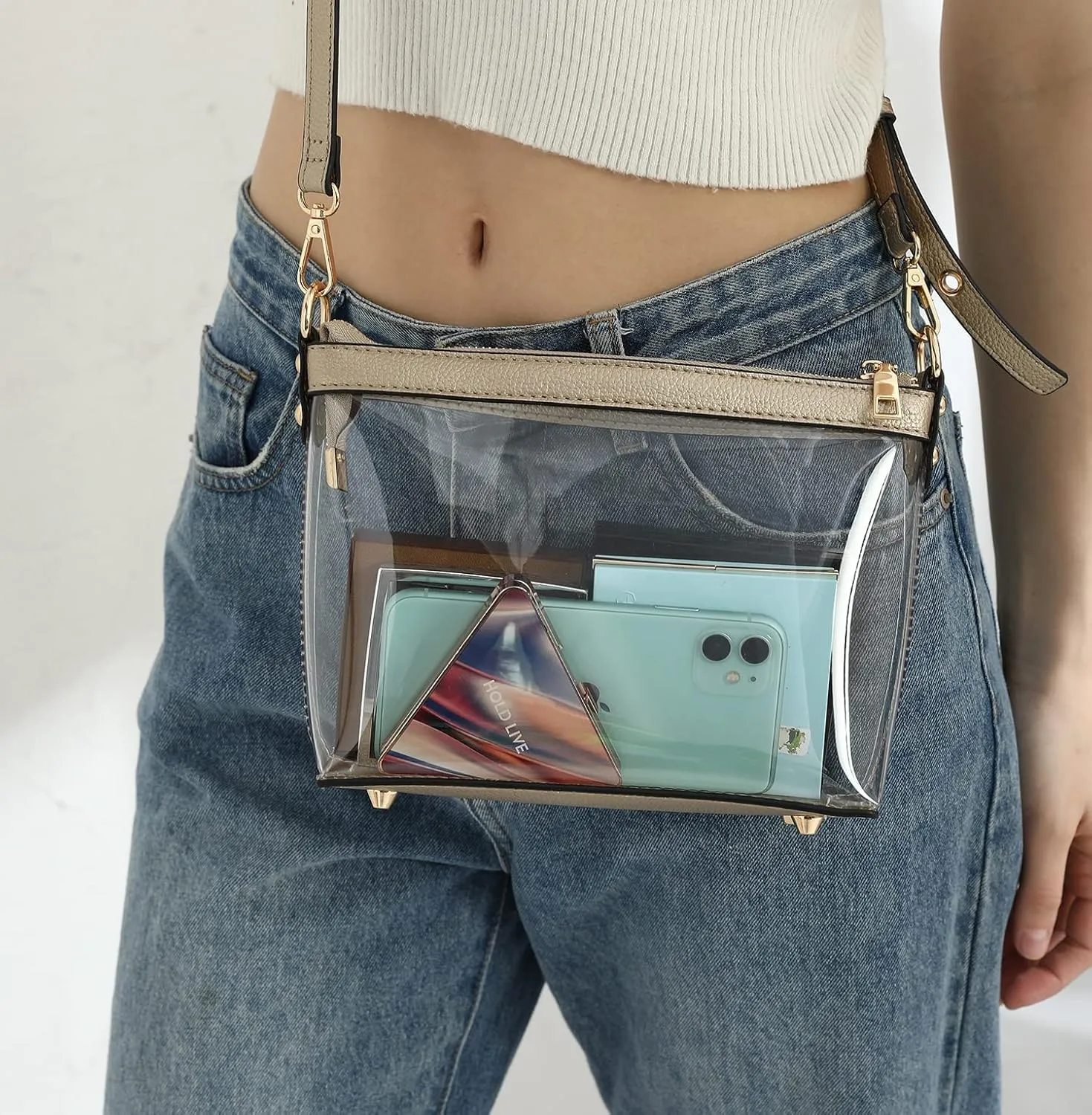 Y&R Direct 3-IN-1 Clear Zipper Crossbody Bag with Vegan Leather Trim Clear Purse for Stadium Festival Concert Gameday Gifts
