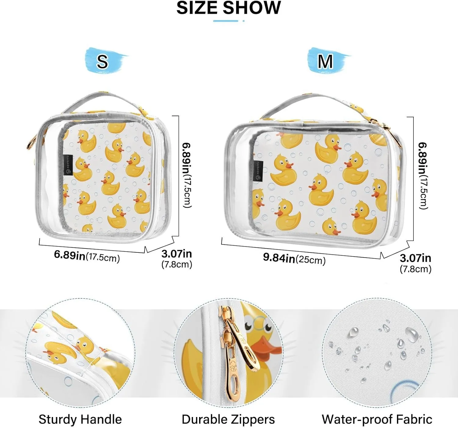 Yellow Baby Rubber Duck 2 Pieces Clear Makeup Cosmetic Toiletry Bags for Women PVC Waterproof Portable Travel Storage Carry Pouch with Gold Zippers Transparent Storage Bag for Organizing Traveling