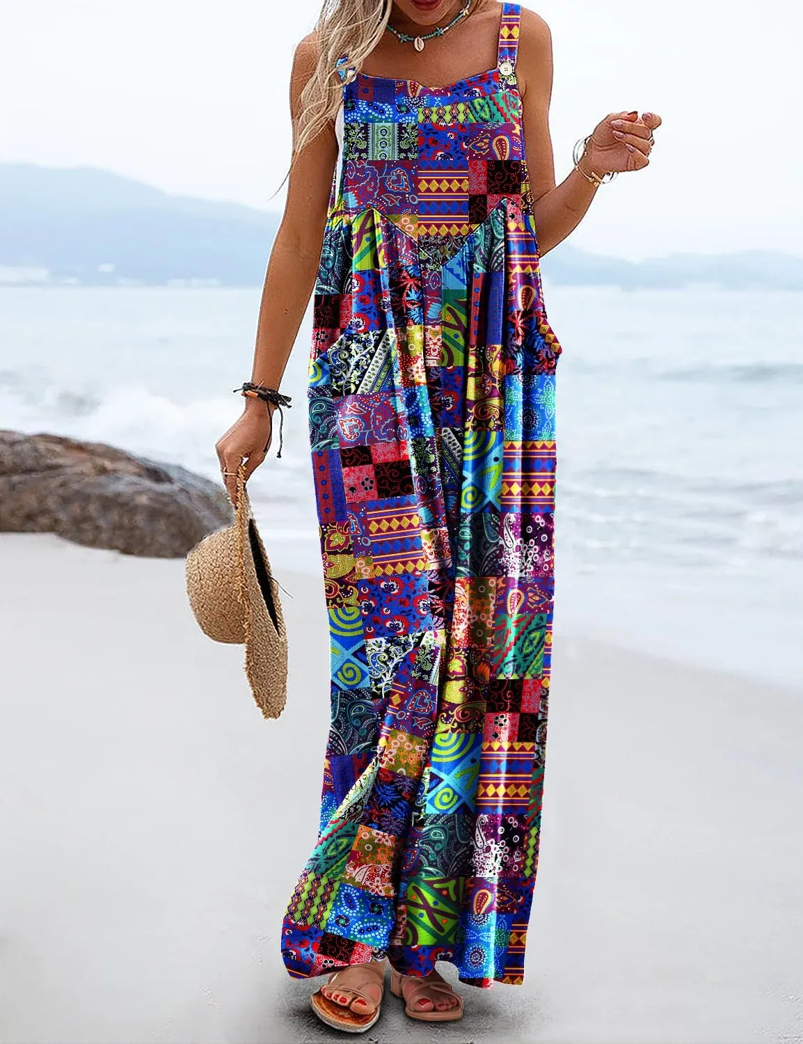 YESNO Women's Summer Casual Overalls Loose Wide Leg Jumpsuits Boho Floral Printed Baggy Rompers with Pockets PZH