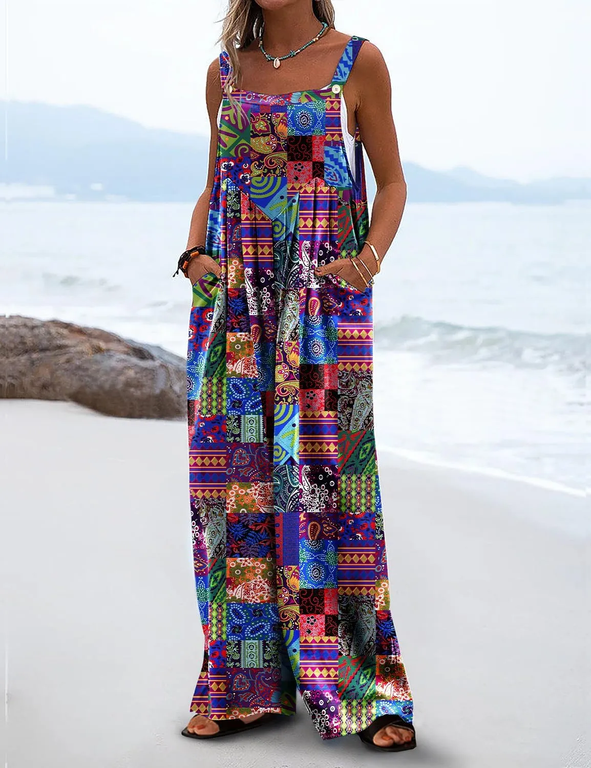 YESNO Women's Summer Casual Overalls Loose Wide Leg Jumpsuits Boho Floral Printed Baggy Rompers with Pockets PZH