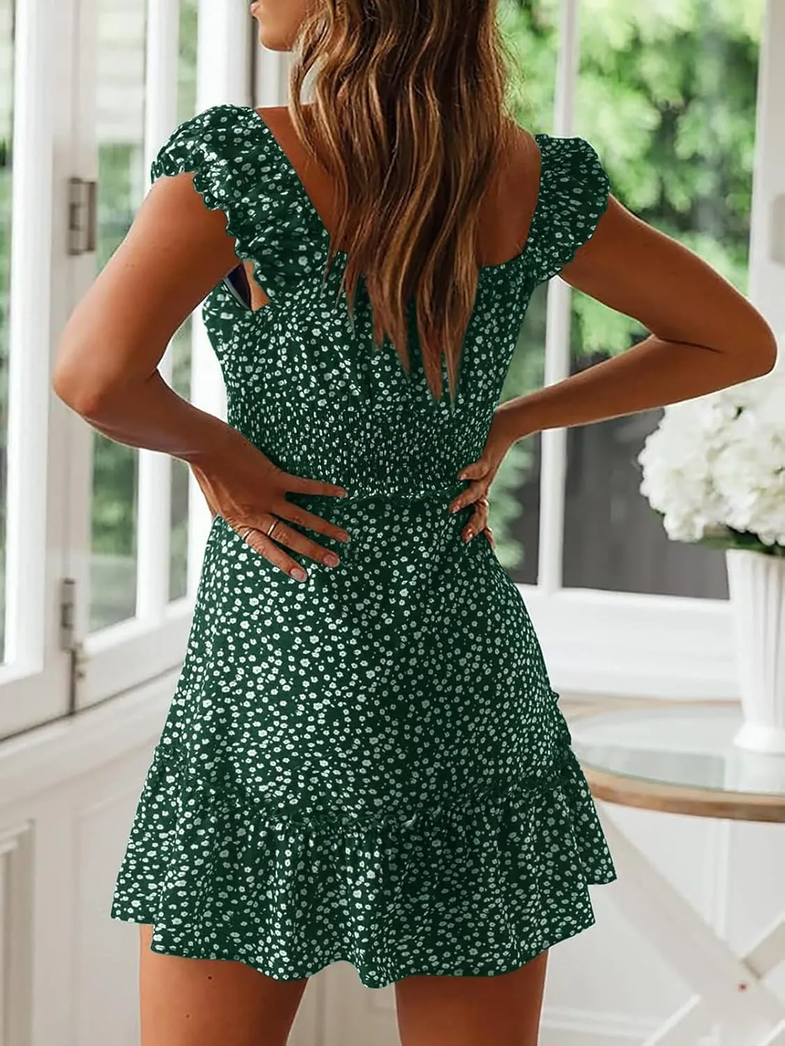 YOBECHO Womens Summer Sexy Sweetheart Collar Printed Ruffle Mini Dress